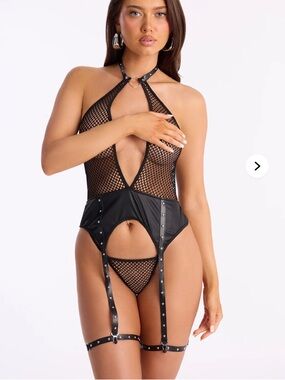 2/60$🔥Black Fishnet Halter Garter Lingerie Bodysuit
